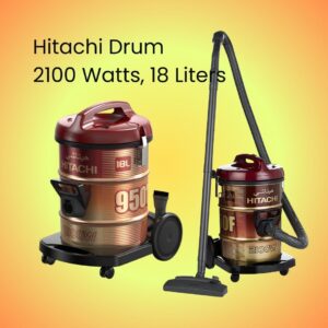 Hitachi Drum Vacuum Cleaner 2100 Watts, 18 Liters Tank Dust Capacity With 7.8M Extra Long Power Code, Removable & Washable Filter, Rug-Floor Nozzle, Best For Home, Office & Mosque, CV950F24CBSWR