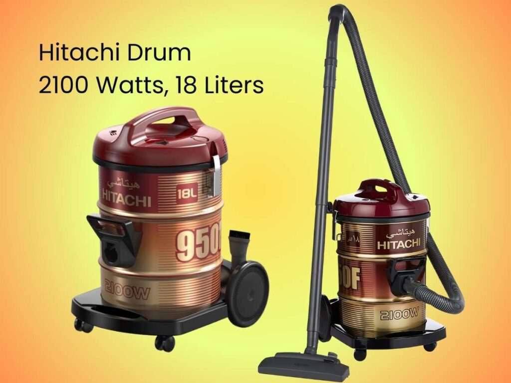 Hitachi Drum Vacuum Cleaner 2100 Watts, 18 Liters Tank Dust Capacity With 7.8M Extra Long Power Code, Removable & Washable Filter, Rug-Floor Nozzle, Best For Home, Office & Mosque, CV950F24CBSWR