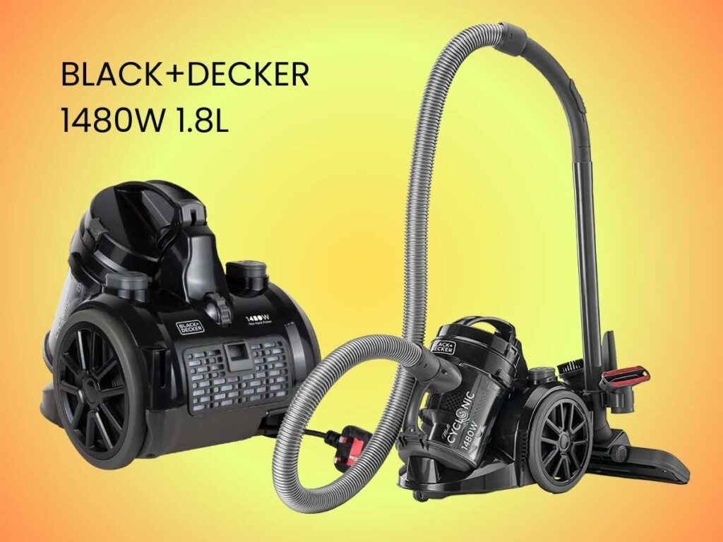 BLACK+DECKER 1480W 1.8L Corded Vacuum Cleaner 18KPa Suction Power Multi-Cyclonic Bagless Vacuum with 6 Stage Filtration, 1.5M 360-degree Swivel Hose And Washable Filter VM1480-B5